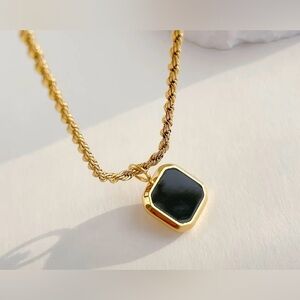 NWT 18K Gold Plated Over Stainless Steel Braided Necklace with Black Pendant